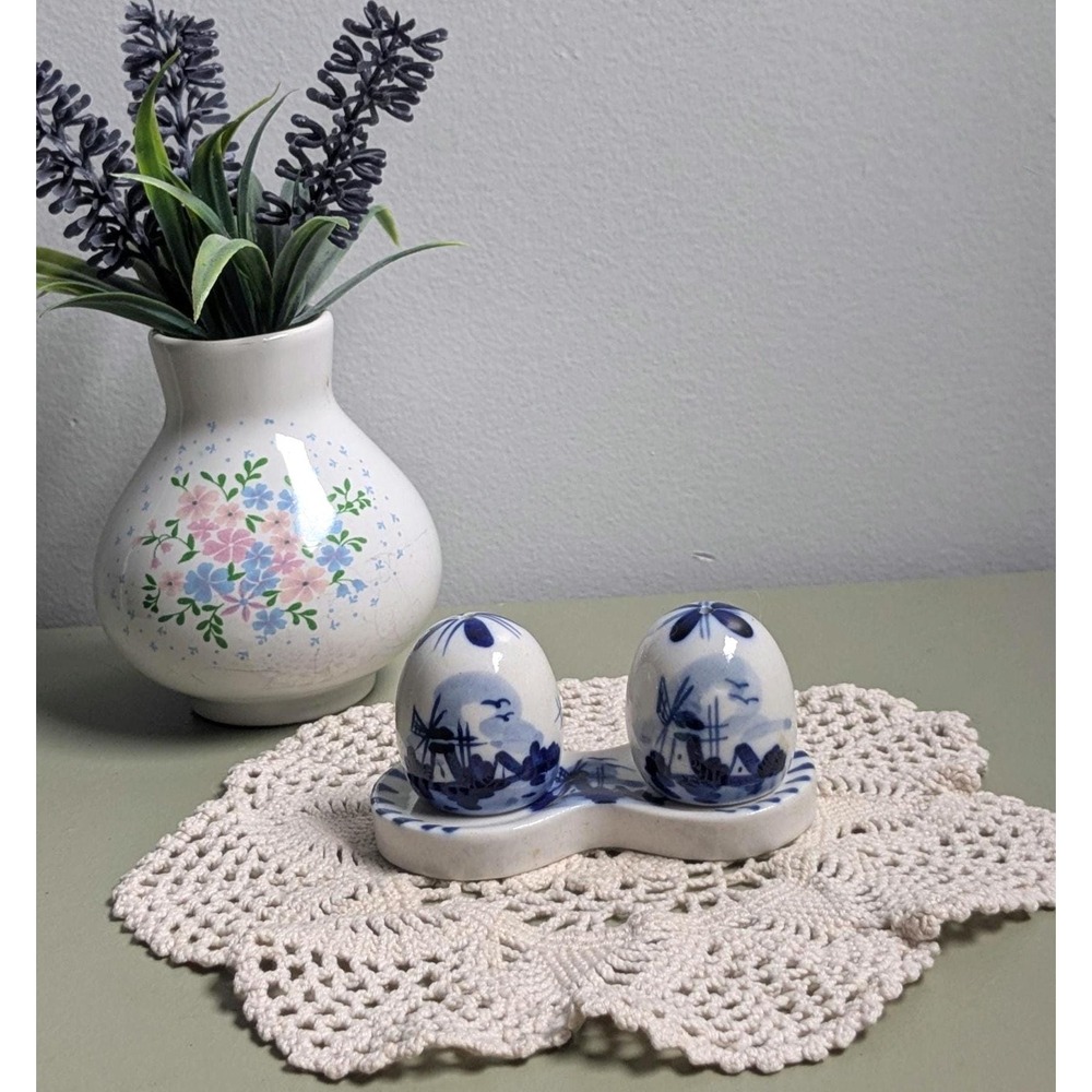 Vintage Korean Delft Blue Salt & Pepper Set Windmill Ceramic Caddy Holder